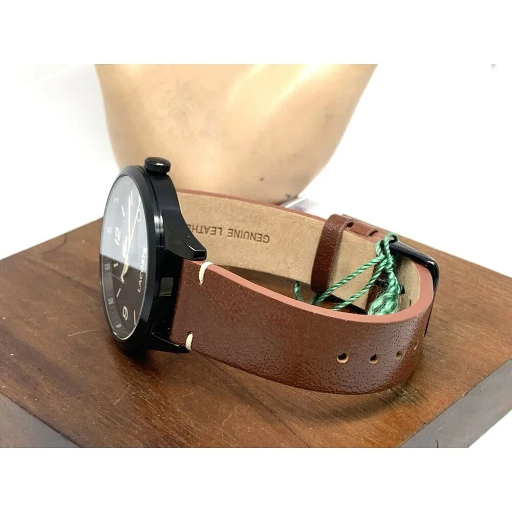 Lacoste Men's Watch 2011106 Traveler Quartz Black Dial Brown Leather Band 43mm